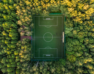 Top view of a soccer field in the forest, tall trees around the stadium. Aerial photography