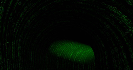 Tunnel with walls made with green code in matrix style - 3d rendering