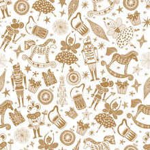 Gold Christmas Vector Seamless Nutcracker Pattern.  Seamless Pattern Can Be Used For Wallpaper, Pattern Fills, Web Page Background, Surface Textures.