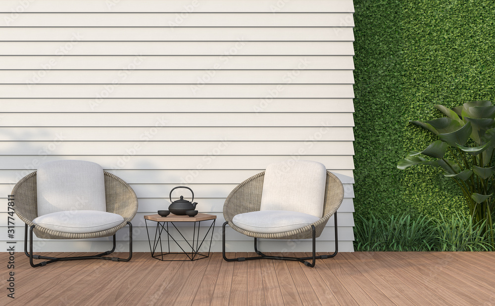 Empty wall exterior 3d render,There are white wood plank wall and wooden floor,decorate with rattan lounge chair, decorate wall with green plant. - obrazy, fototapety, plakaty 