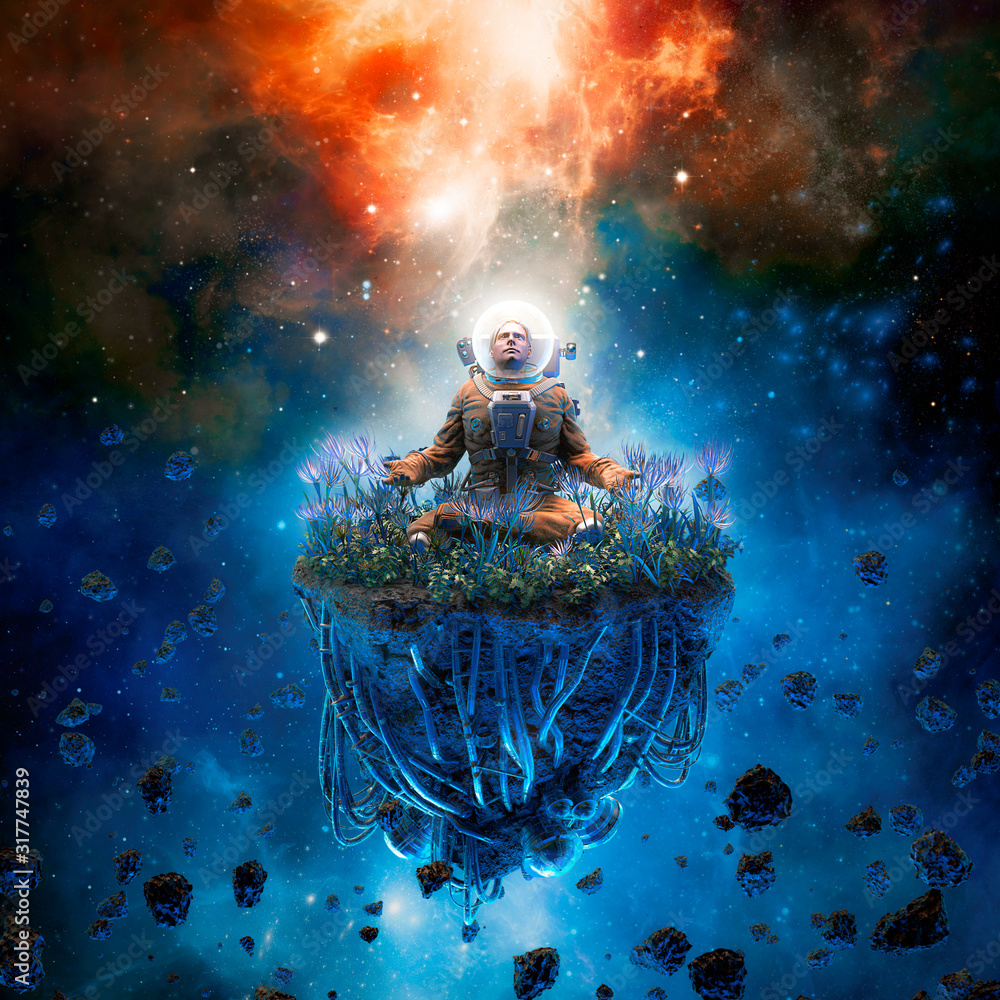 The cosmic gardener / 3D illustration of surreal science fiction scene with meditating astronaut on artificial asteroid surrounded by flowers - obrazy, fototapety, plakaty 