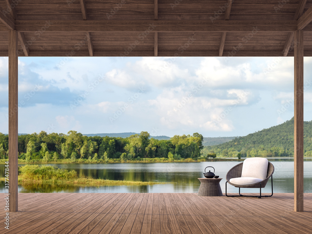 Wood terrace with beautiful lake and mountain view 3d render,There are old wood terrace floor,Decorate with rattan lounge chair,Surrounded by nature - obrazy, fototapety, plakaty 