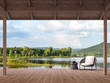 Wood terrace with beautiful lake and mountain view 3d render,There are old wood terrace floor,Decorate with rattan lounge chair,Surrounded by nature