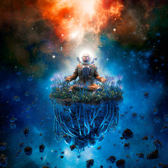 Wall Mural - the cosmic gardener / 3d illustration of surreal science fiction scene with meditating astronaut on 