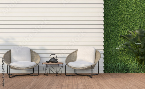 Cuadros en Lienzo Empty wall exterior 3d render,There are white wood plank wall and wooden floor,decorate with rattan lounge chair, decorate wall with green plant