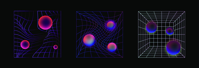 Aufkleber - Laser grid with glowing neon spheres on dark background. Vaporwave and synthwave style illustration.