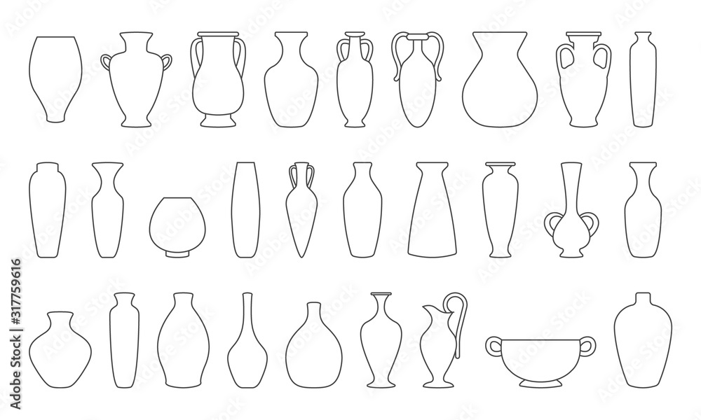 Vases and amphoras collection. Vase pottery, ancient pot greek. Various forms of vases. Outline vector illustration. - obrazy, fototapety, plakaty 