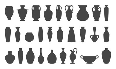 Vases and amphoras collection. Vase pottery, ancient pot greek. Various forms of vases. Silhouettes vector illustration.