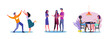 Set of casual people talking to each other. Flat vector illustrations of men and women hanging out together. Friendship and relationship concept for banner, website design or landing web page
