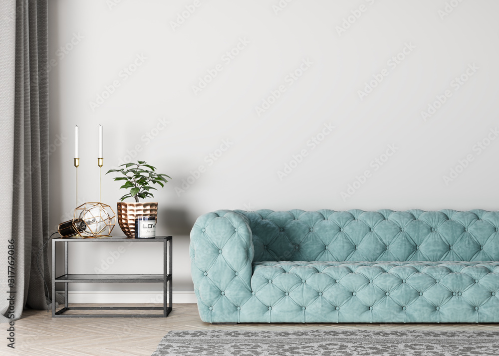 Mock up interior for living room, luxury blue sofa in gray background - obrazy, fototapety, plakaty 