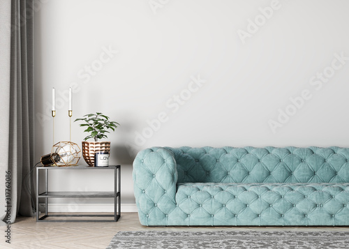 Mock up interior for living room, luxury blue sofa in gray background Tableau sur Toile