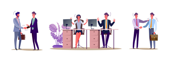 Set of busy people communicating with each other. Flat vector illustrations of men and women being at office. Partnership and office environment concept for banner, website design or landing web page