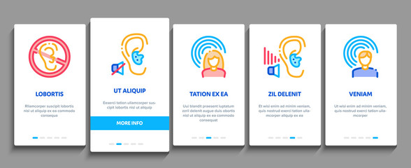 Hearing Human Sense Onboarding Mobile App Page Screen Vector. Hearing Aid Device And Earphone. Doctor And Medical Equipment For Research Concept Linear Pictograms. Color Contour Illustrations