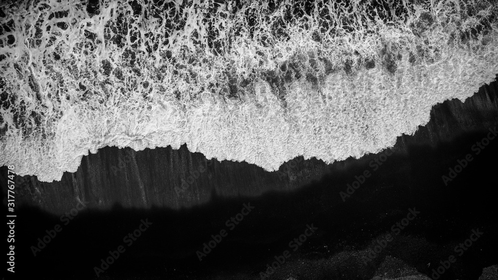 view of black sand beach atlantic ocean waves in Iceland - obrazy, fototapety, plakaty 
