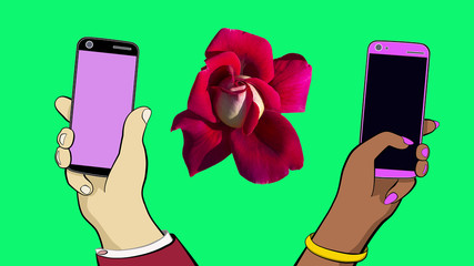 Hand of man and woman. Hold two smartphones and call each other. A rose and a heart symbol appear and fly out of the screen into the center. You can replace the background.