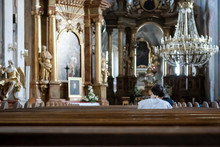 Interior Of St'anne Church, Warsaw/ Church Mass Worshiping On Sunday During Corona Pandemic.