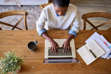 Focused young African American female entrepreneur working from her home