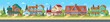 Cityscape with suburban houses, cottages and villas. Vector cartoon illustration for games or animation. Layered background. 