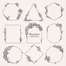 Collection Of Geometric Vector Floral Frames. Round, Oval, Triangle, Square Borders Decorated With Hand Drawn Delicate Flowers, Branches, Leaves, Blossom