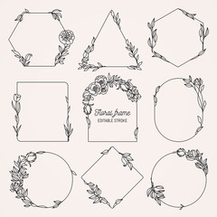 Wall Mural - Collection of geometric vector floral frames. Round, oval, triangle, square Borders decorated with hand drawn delicate flowers, branches, leaves, blossom