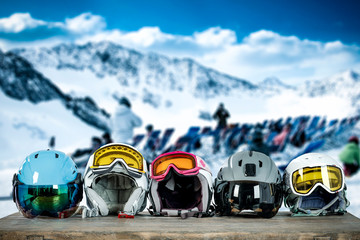 Canvas Print - Winter ski time in mountains and wooden desk with free space for your decoration. 