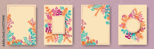 Botanical herb twigs, tree branches, flowers floral invitation cards collecti...