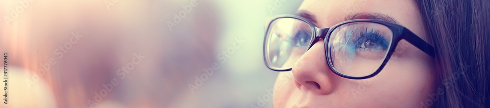 autumn girl glasses / autumn look girl in transparent glasses, eyesight - obrazy, fototapety, plakaty 