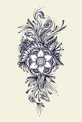 Wall Mural - Floral decorative bouquet  with flowers leaves in black white for tattoo and  for decoration different things or for embroidery or coloring page