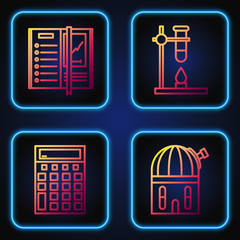 Sticker - Set line Astronomical observatory, Calculator, Notebook and Glass test tube flask on fire heater. Gradient color icons. Vector