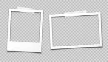 Realistic Empty Photo Card Frame, Film Set. Retro Vintage Photograph With Transparent Adhesive Tape. Digital Snapshot Image. Template Or Mockup For Design. Vector Illustration.