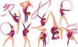 Set girl rhythmic gymnastics vector illustration. Training performance strength gymnastics. Championship workout rhythmic gymnastics beautiful character.Women Acrobatic Gymnastics, flat