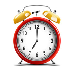 Realistic shiny yellow and red alarm clock. Vector Illustration