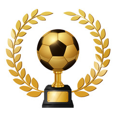 Realistic Gold Soccer Ball Trophy with Gold Laurel Wreath, isolated on white background. Vector Illustration