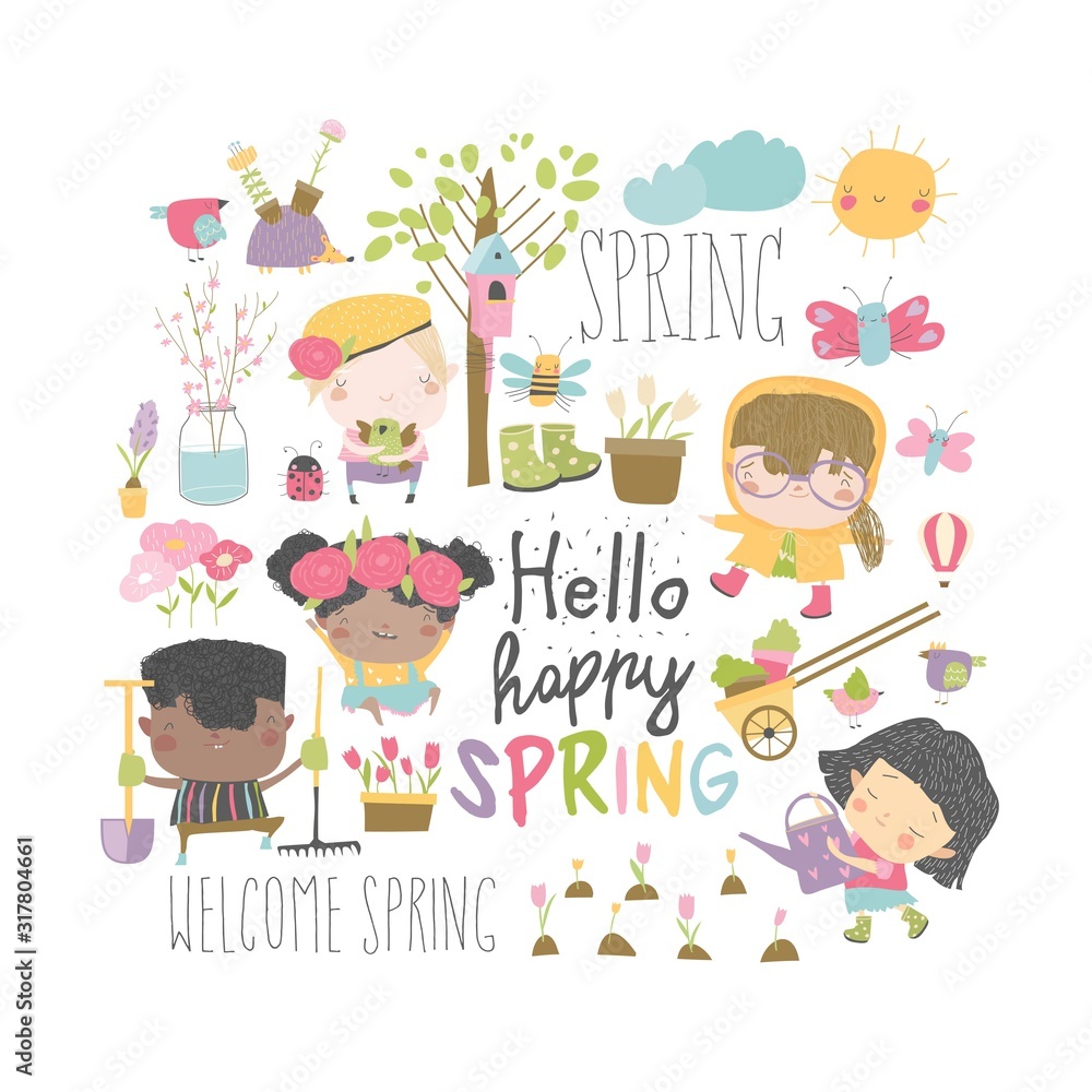 Set of cartoon children and spring elements Stock Vector | Adobe Stock