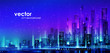 © dahabians - Vector night city illustration with neon glow and vivid colors.