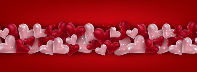 Wall Mural - Valentines Day banner or header. Background with 3d pink and red hearts. Love design concept. Vector illustration.