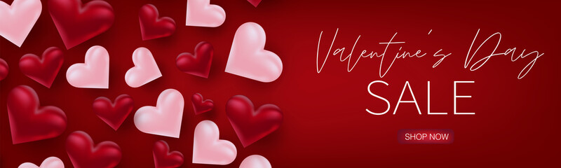Wall Mural - Valentines Day sale banner or header. Background with 3d pink and red hearts. Love design concept. Vector illustration.