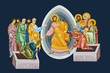 Easter. Illustration in Byzantine style depicting the scene of the Jesus Christ's resurrection on dark blue background
