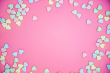 Heart Shape Message Letter Candy On Pink Background. Valentines Day Concept. 