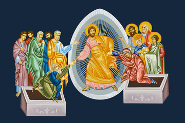 Wall Mural - Easter. Illustration in Byzantine style depicting the scene of the Jesus Christ's resurrection on dark blue background