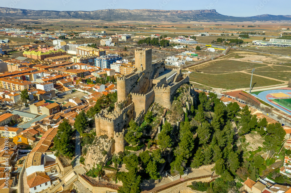Aerial view of medieval Almansa castle with donjon and courtyard on a ...