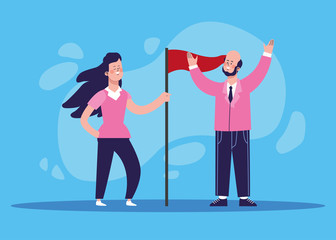 Wall Mural - cartoon woman and businessman with red flag, colorful design