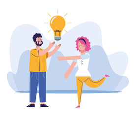 Sticker - cartoon man holding a bulb and woman standing, colorful design