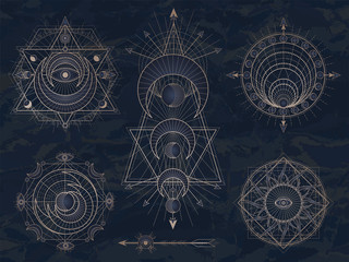 Wall Mural - Vector set of Sacred symbols with moon, eye, sun and geometric figures on dark vintage background. Abstract mystic signs collection.