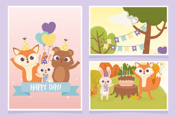 Canvas Print - cute animals with party hats cake balloons celebration happy day