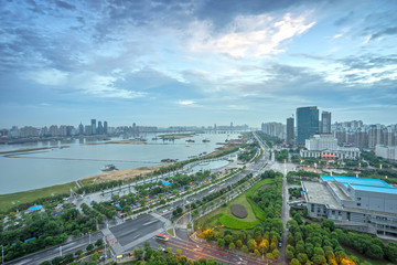 shanghai skyline and huangpu river in a beautiful dusk scene