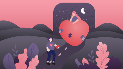 Man holding jigsaw  piece to fill in woman heart for healing her bad love experience; Valentine's day concept design illustration