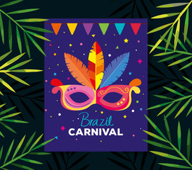 Canvas Print - poster of brazil carnival with mask and tropical leafs