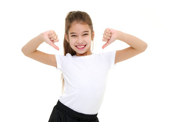 little girl in a white t-shirt.