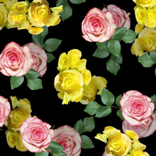 Beautiful Floral Background Of Yellow Begonia And Pink Roses. Isolated
